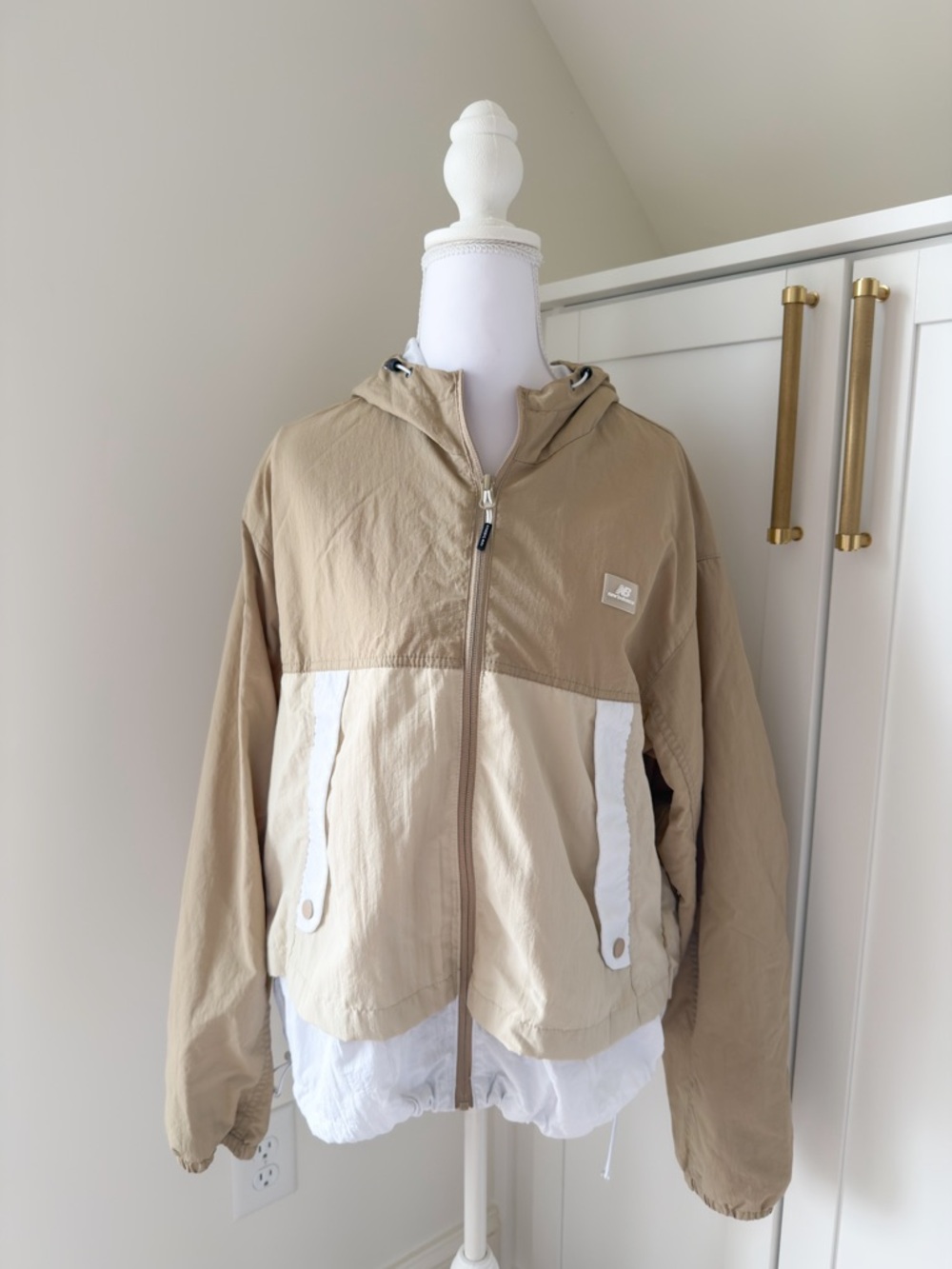 New Balance Hooded Windbreaker Jacket in White and Beige